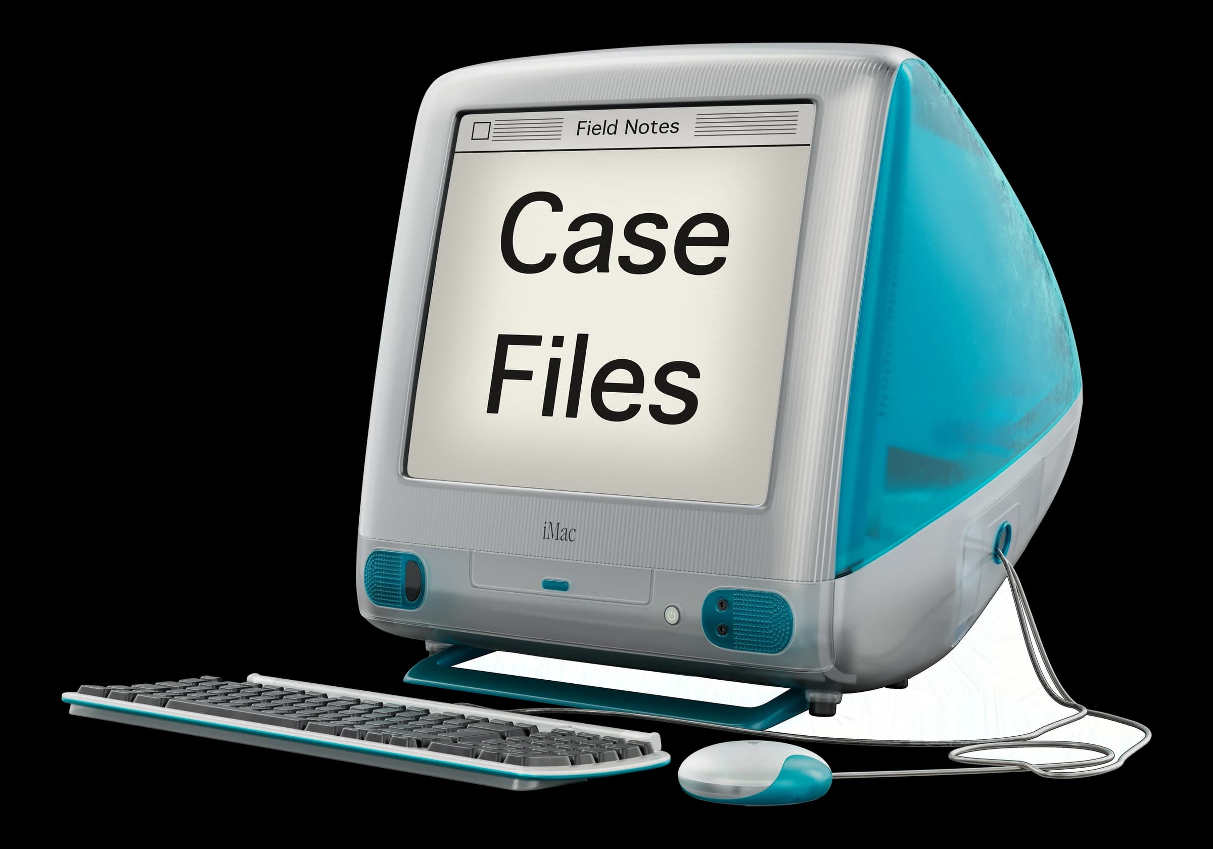 A vintage blueberry iMac G3, its screen reading Case Files — Teamed's field reports from the global employment frontline.