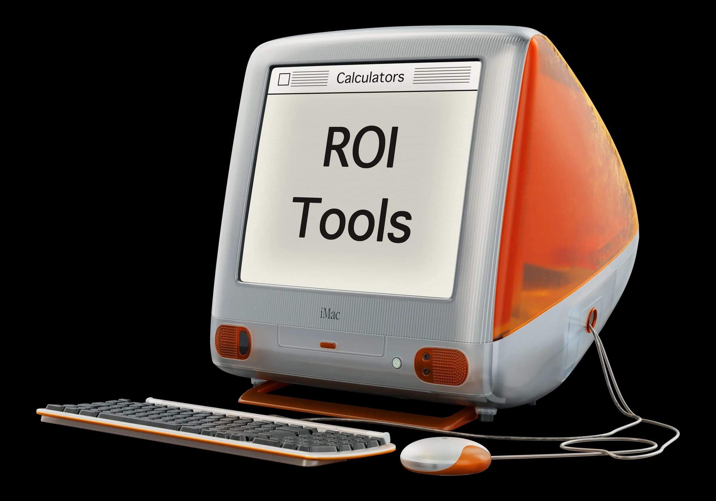 A vintage tangerine iMac G3, its screen reading ROI Tools: Teamed's calculators for multi-country employers.