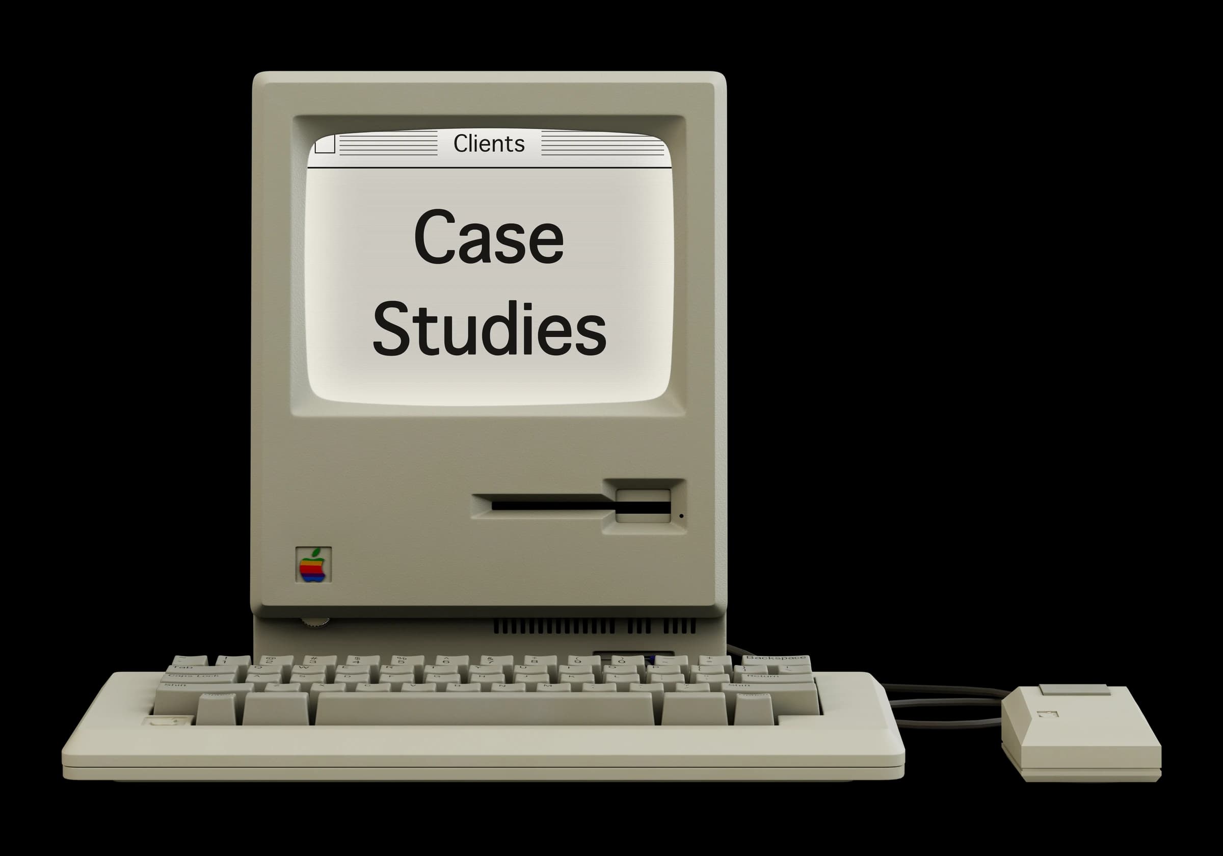 A vintage 1984 beige Macintosh, its screen reading Case Studies — Teamed's real-client engagements.