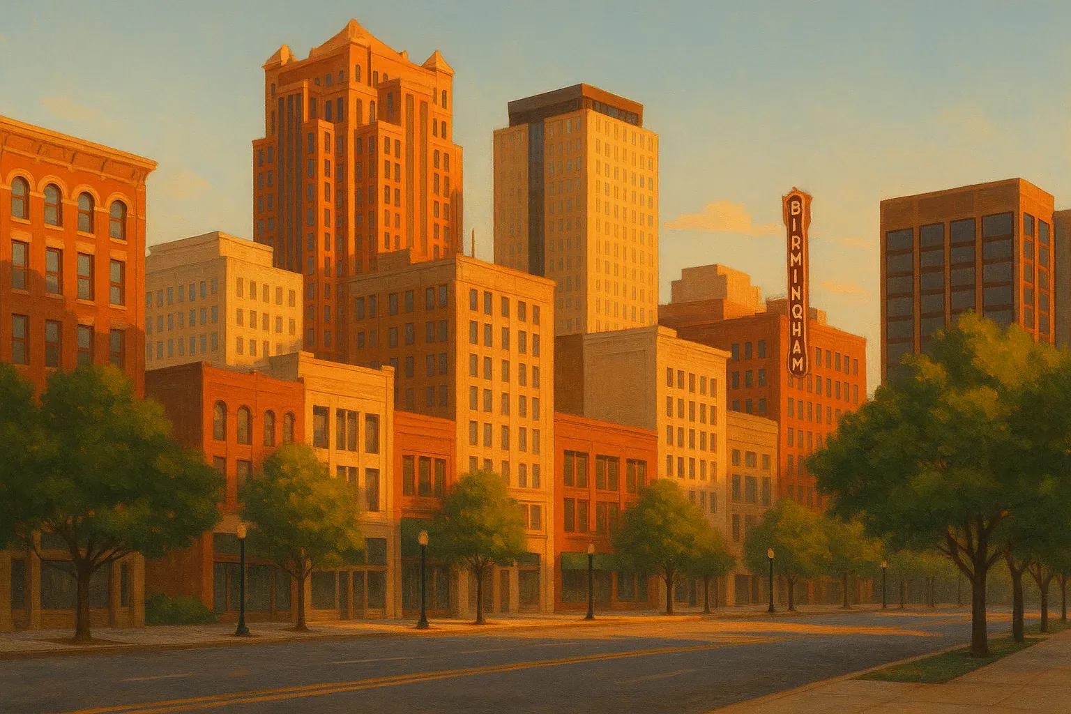 A warm wide illustration of downtown Birmingham, Alabama at golden hour, mid-rise buildings catching amber light, a tree-lined streetscape in the foreground under a clear sky.
