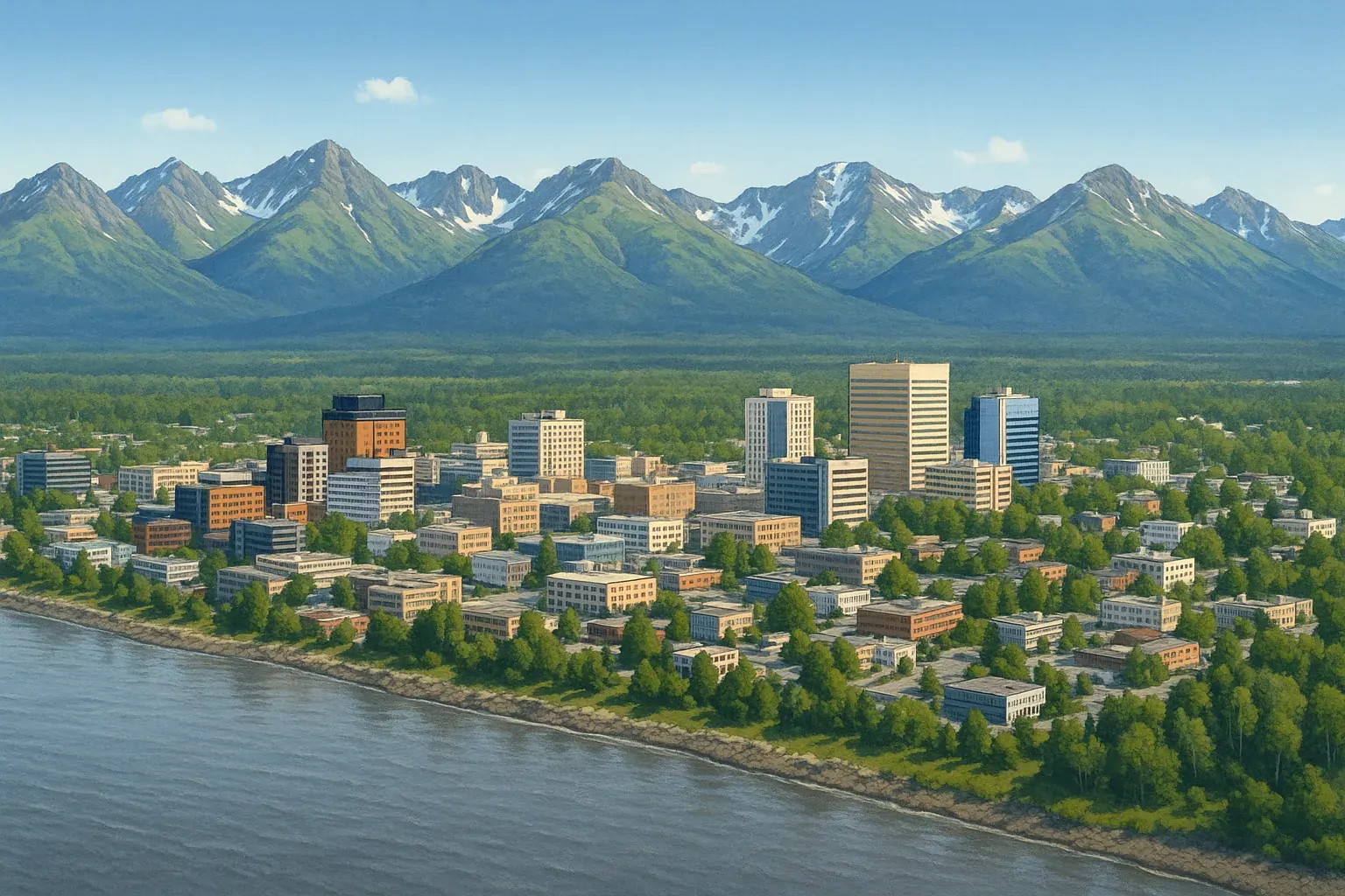 A wide aerial illustration of the Anchorage skyline with the Chugach Mountains rising behind the city under a clear summer sky, Cook Inlet visible in the foreground.