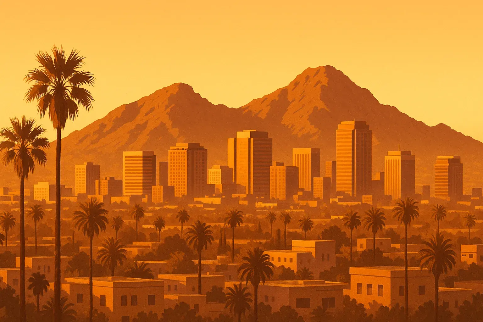 A wide warm illustration of the Phoenix, Arizona skyline at golden hour with Camelback Mountain rising in the background, desert palms and low-rise buildings in the foreground under a clear amber sky.