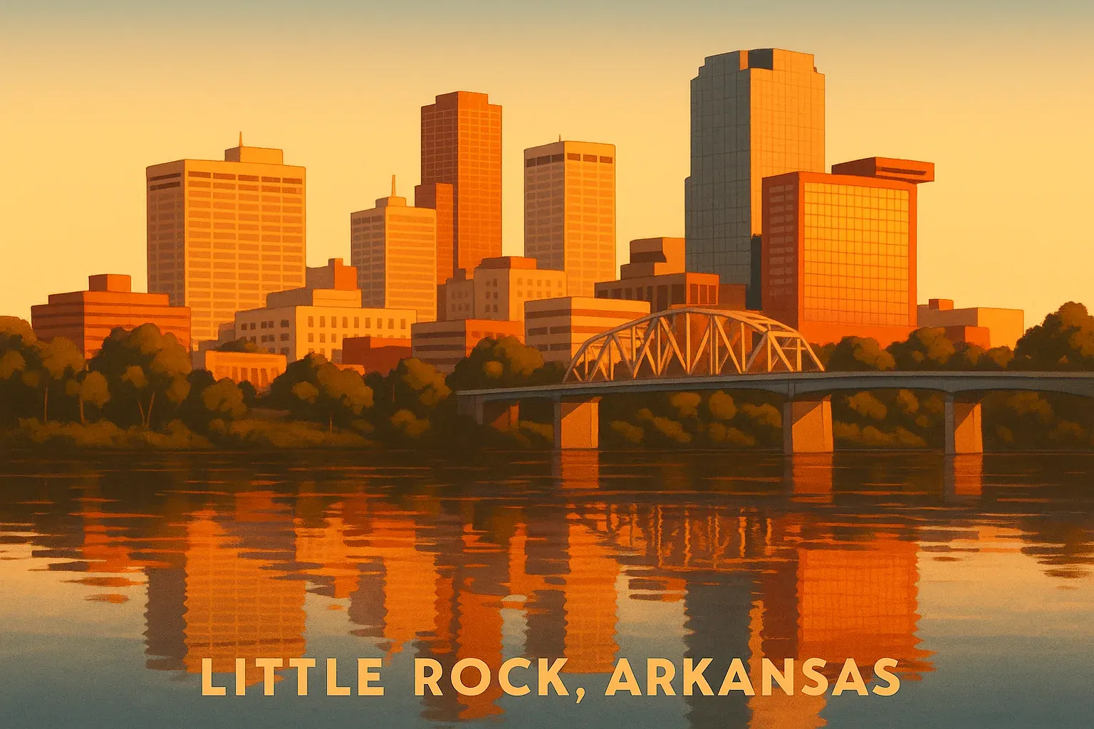 A wide warm illustration of the Little Rock, Arkansas skyline at golden hour reflected in the Arkansas River, downtown towers catching amber light under a clear sky.