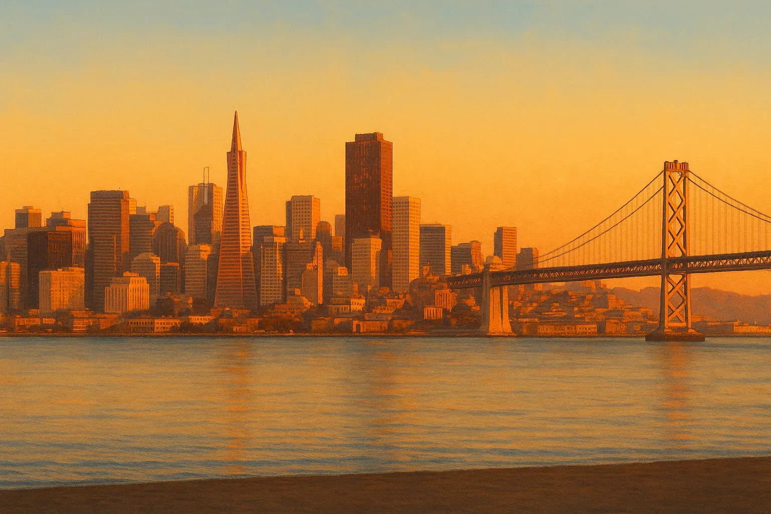 A warm wide illustration of the San Francisco skyline at golden hour seen across the bay, the financial-district towers and Bay Bridge catching amber light, a calm waterfront in the foreground under a clear sky.