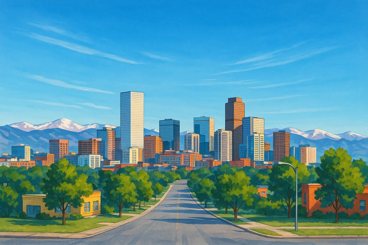 A bright wide illustration of the Denver skyline on a clear afternoon, the Rocky Mountains rising behind downtown towers, a calm urban street in the foreground under a wide blue sky.