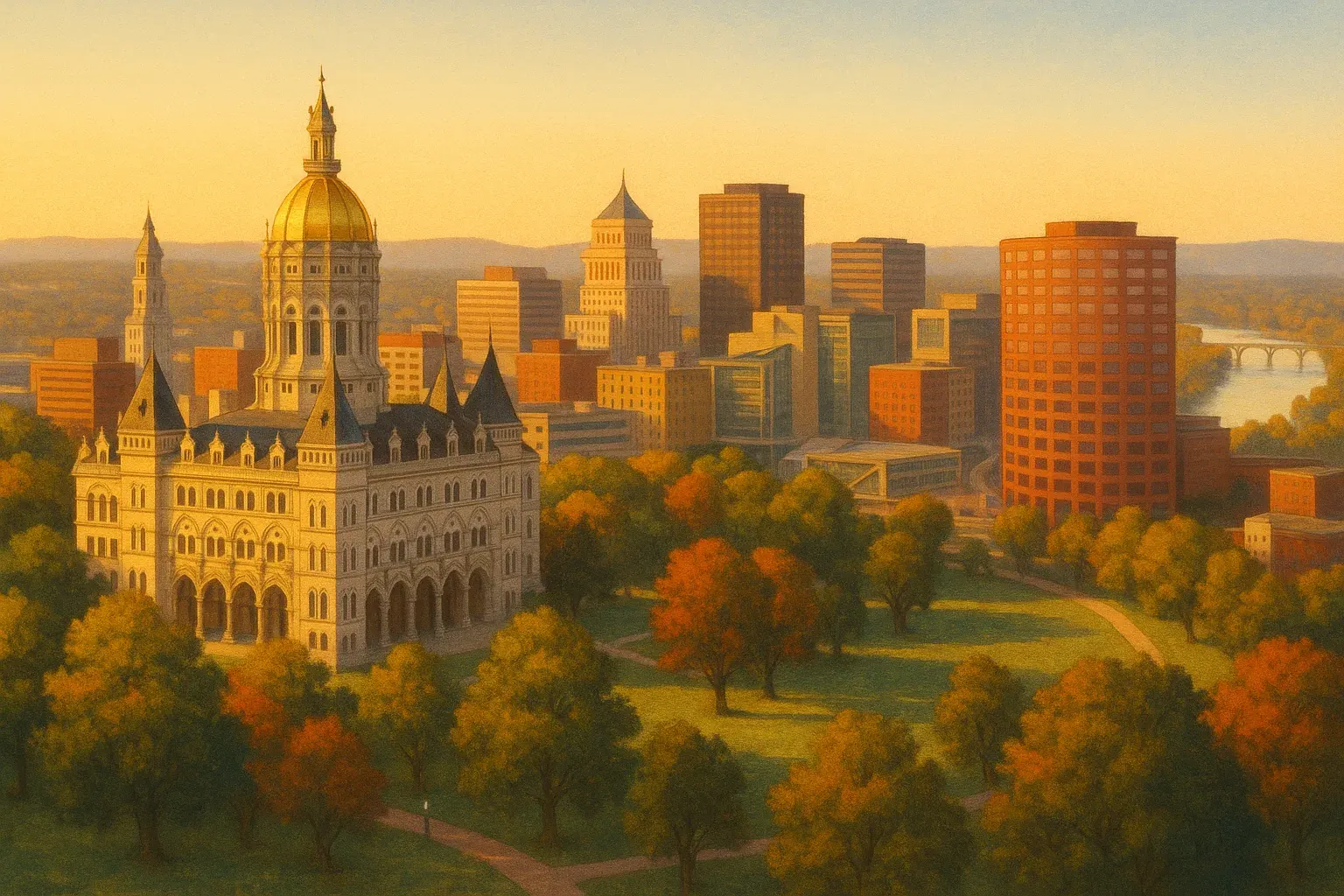 A warm wide illustration of the Hartford skyline at golden hour, the gold-leaf dome of the State Capitol rising above Bushnell Park, the Connecticut River glinting in the distance under a clear sky.