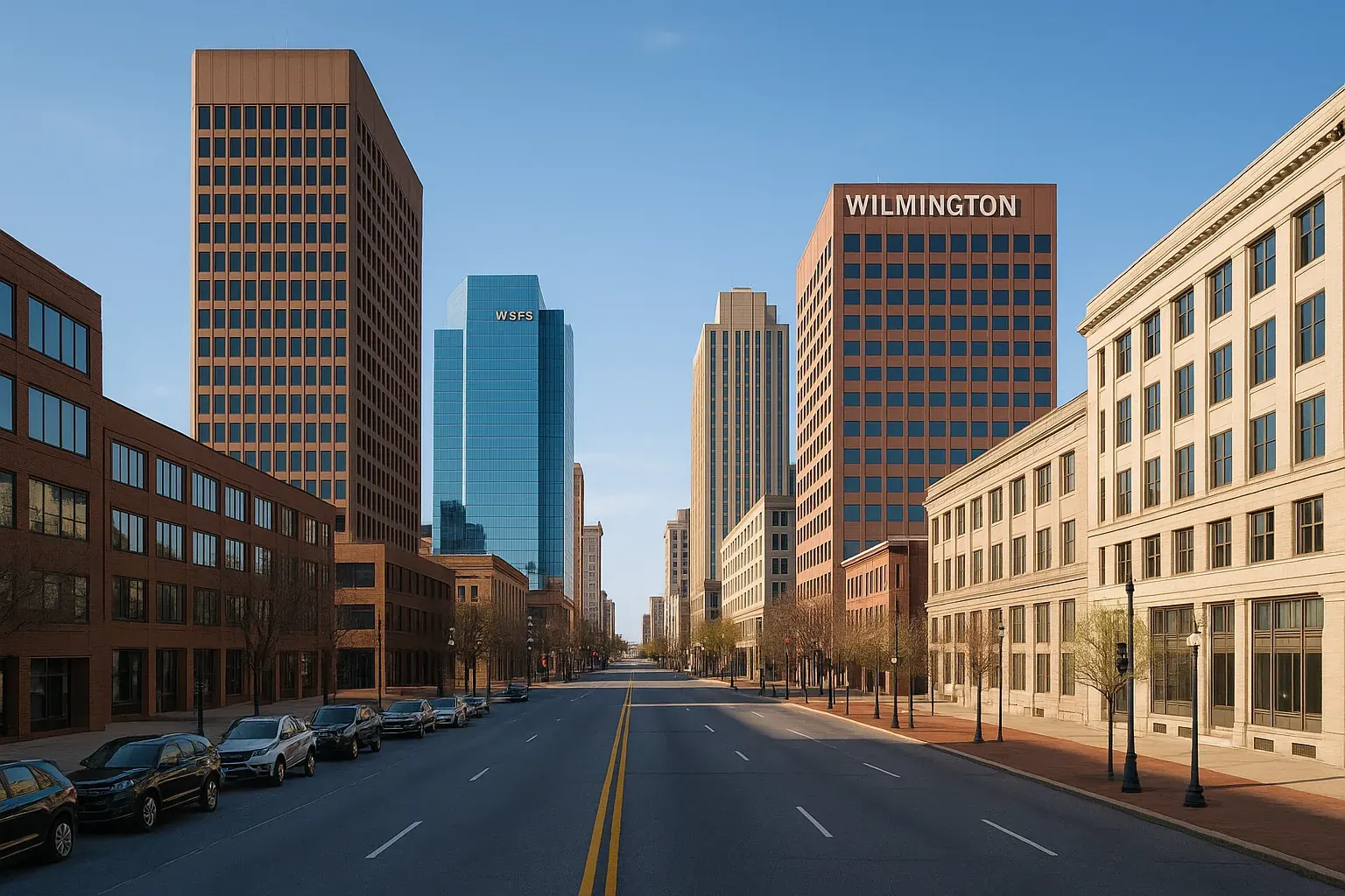 A wide view of downtown Wilmington, Delaware with office towers, parked cars, and a quiet city street under clear daylight.