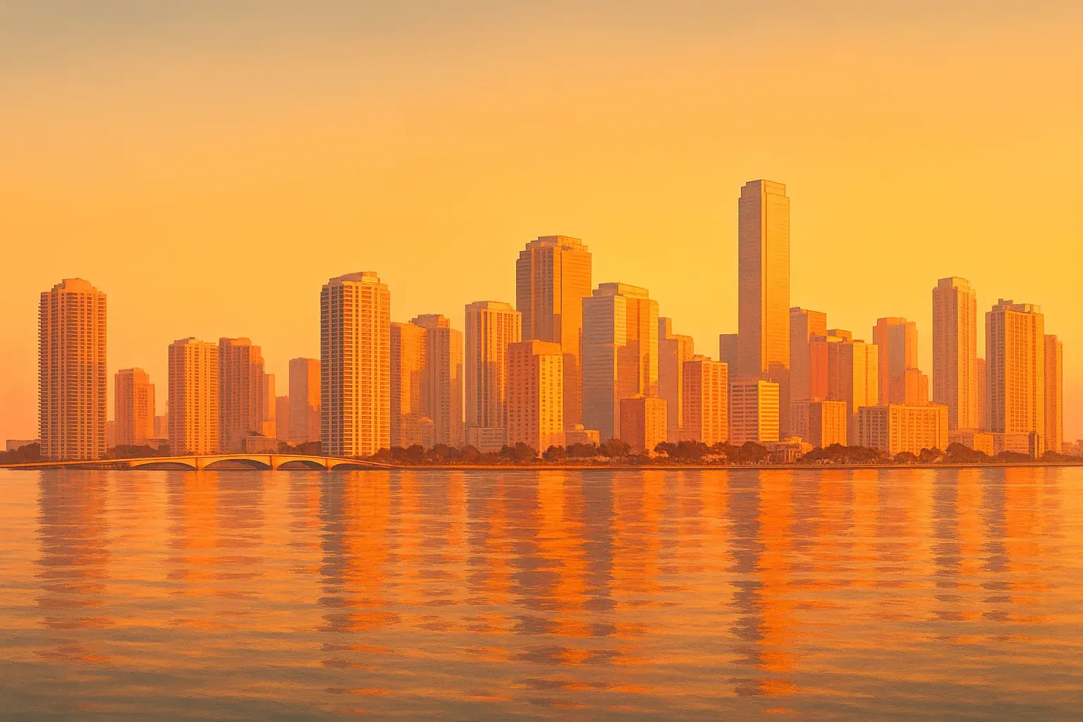 A warm wide illustration of the Miami, Florida downtown skyline across Biscayne Bay at sunset, pastel towers catching golden hour light, calm water in the foreground under a clear sky.