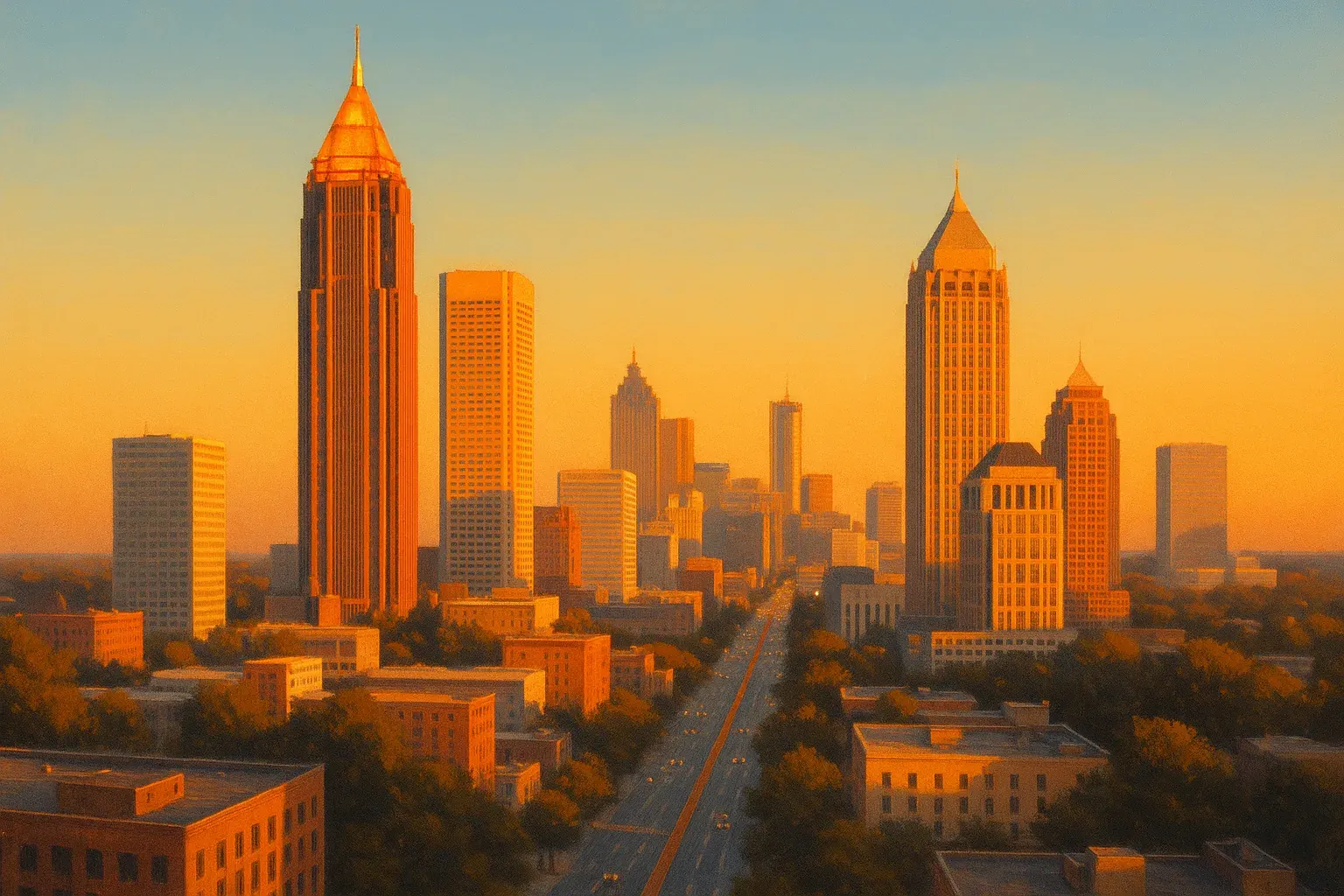 A warm wide illustration of the Atlanta skyline at golden hour, the Bank of America Plaza and One Atlantic Center towers catching amber light, Peachtree Street running toward midtown under a clear Georgia sky.