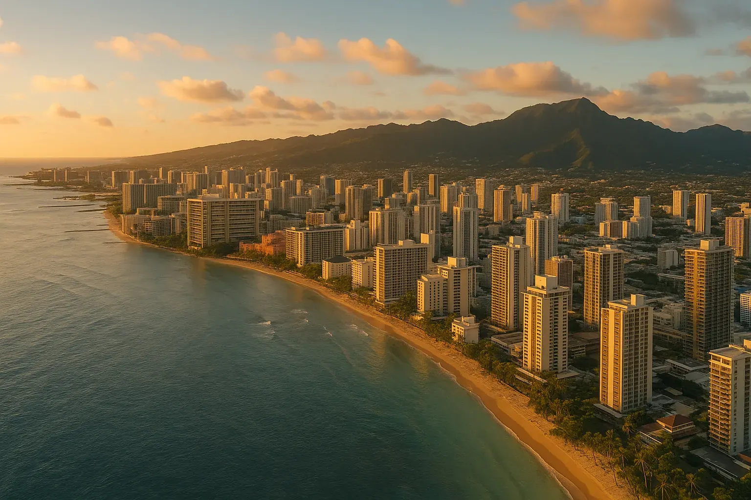 A wide aerial view of Honolulu at golden hour, the Waikiki skyline and high-rise hotels stretching along the shoreline with the Pacific Ocean behind and the Ko'olau Mountains in the distance.