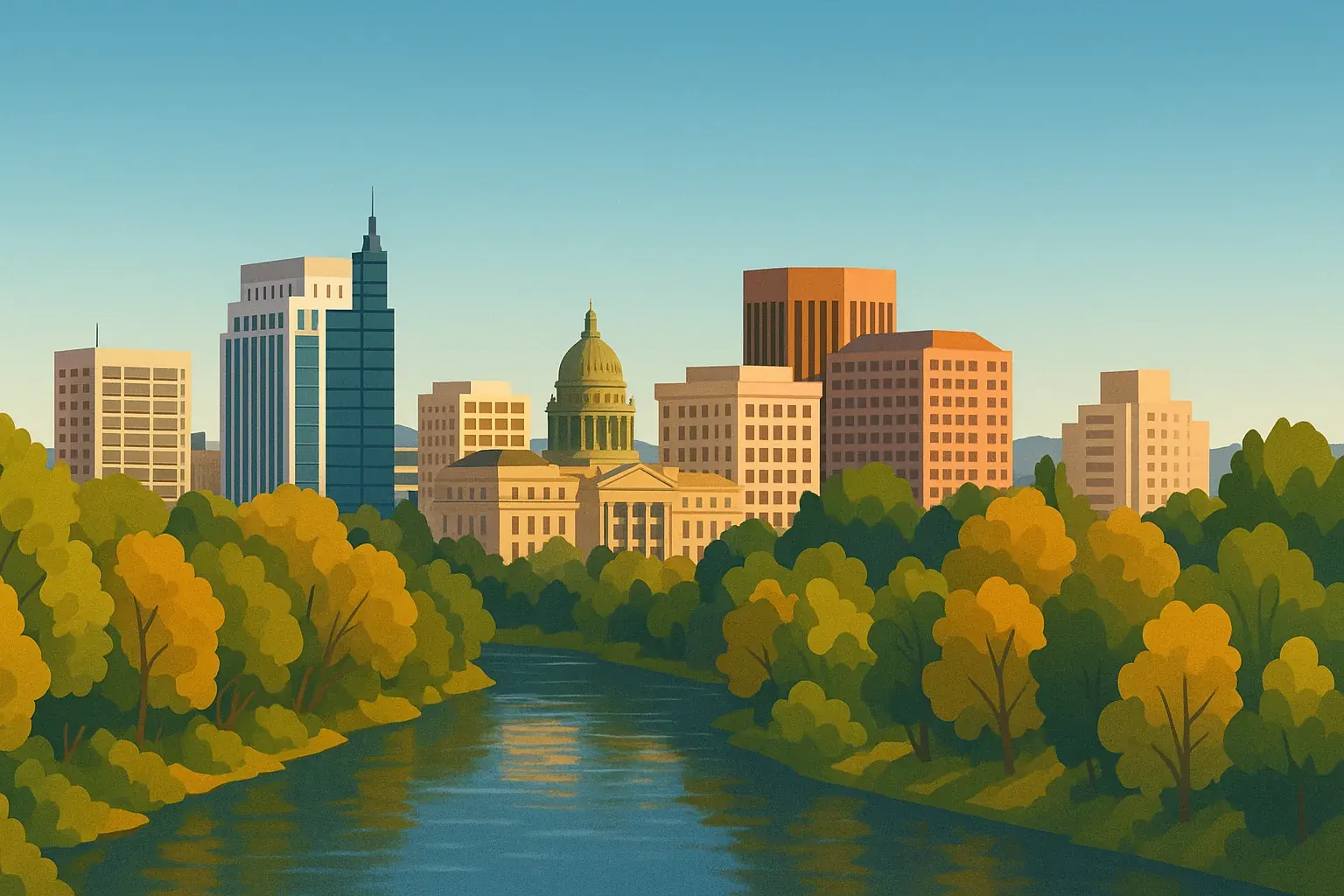 A wide illustration of the Boise, Idaho skyline under a clear blue sky, with the tree-lined Boise River in the foreground catching afternoon light.