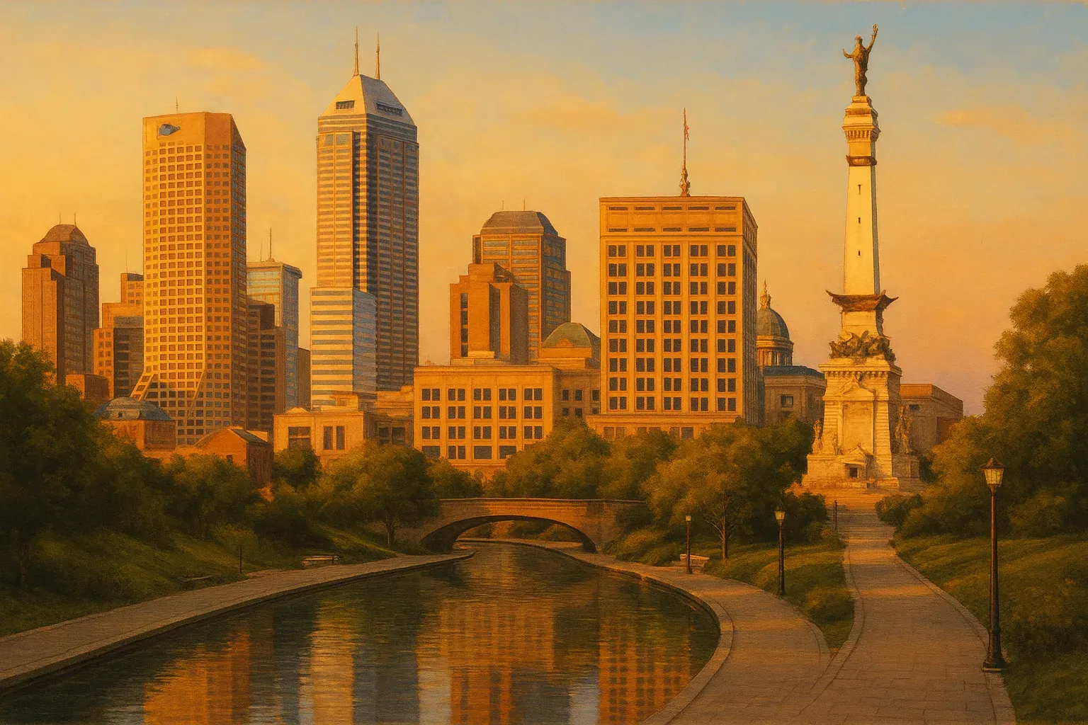 A warm wide illustration of the Indianapolis skyline at golden hour, the downtown towers and the Soldiers' and Sailors' Monument catching amber light, a quiet canal walk in the foreground under a clear sky.