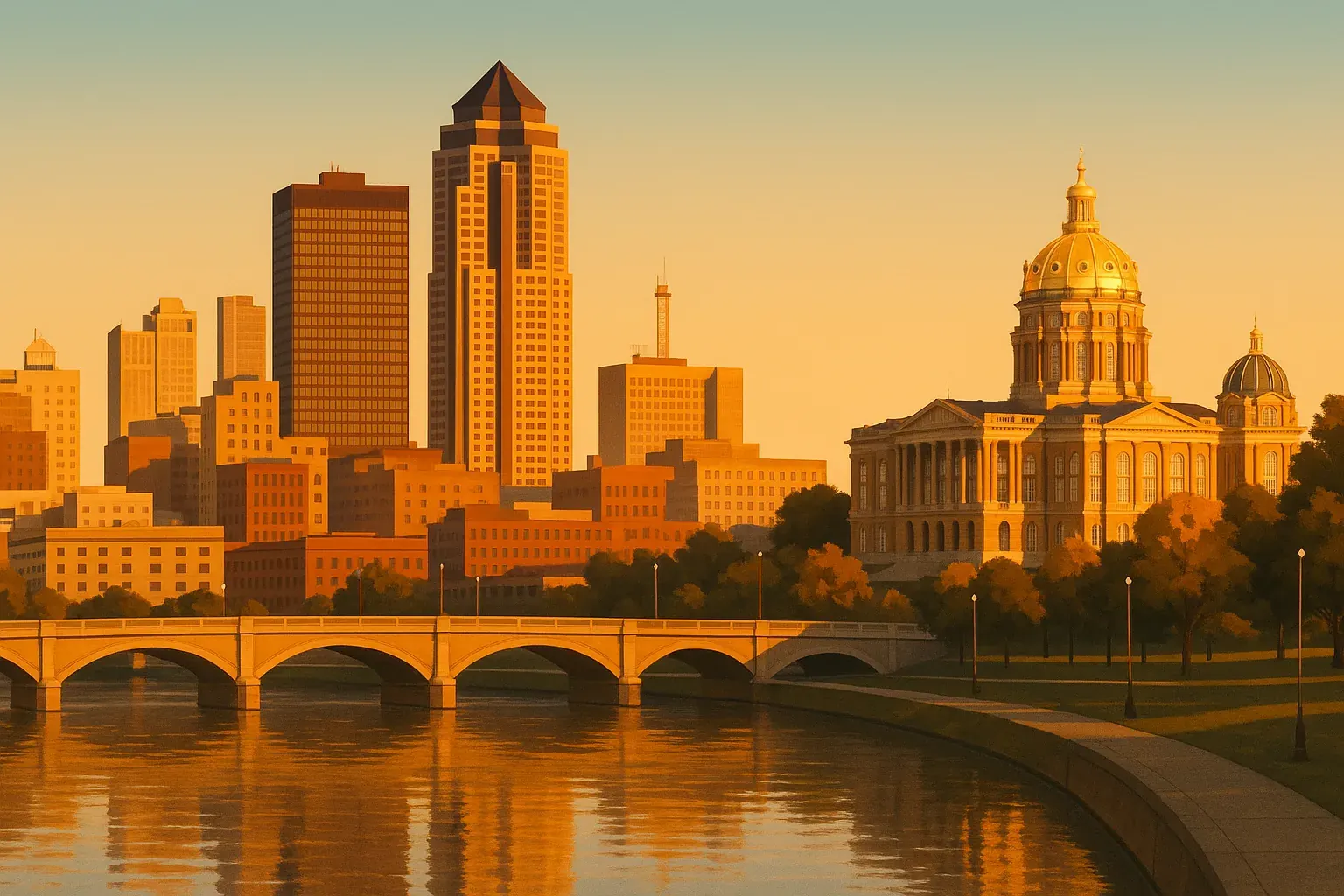 A warm wide illustration of the Des Moines skyline at golden hour, the downtown towers and the Iowa State Capitol gold dome catching amber light, a quiet riverfront in the foreground under a clear sky.
