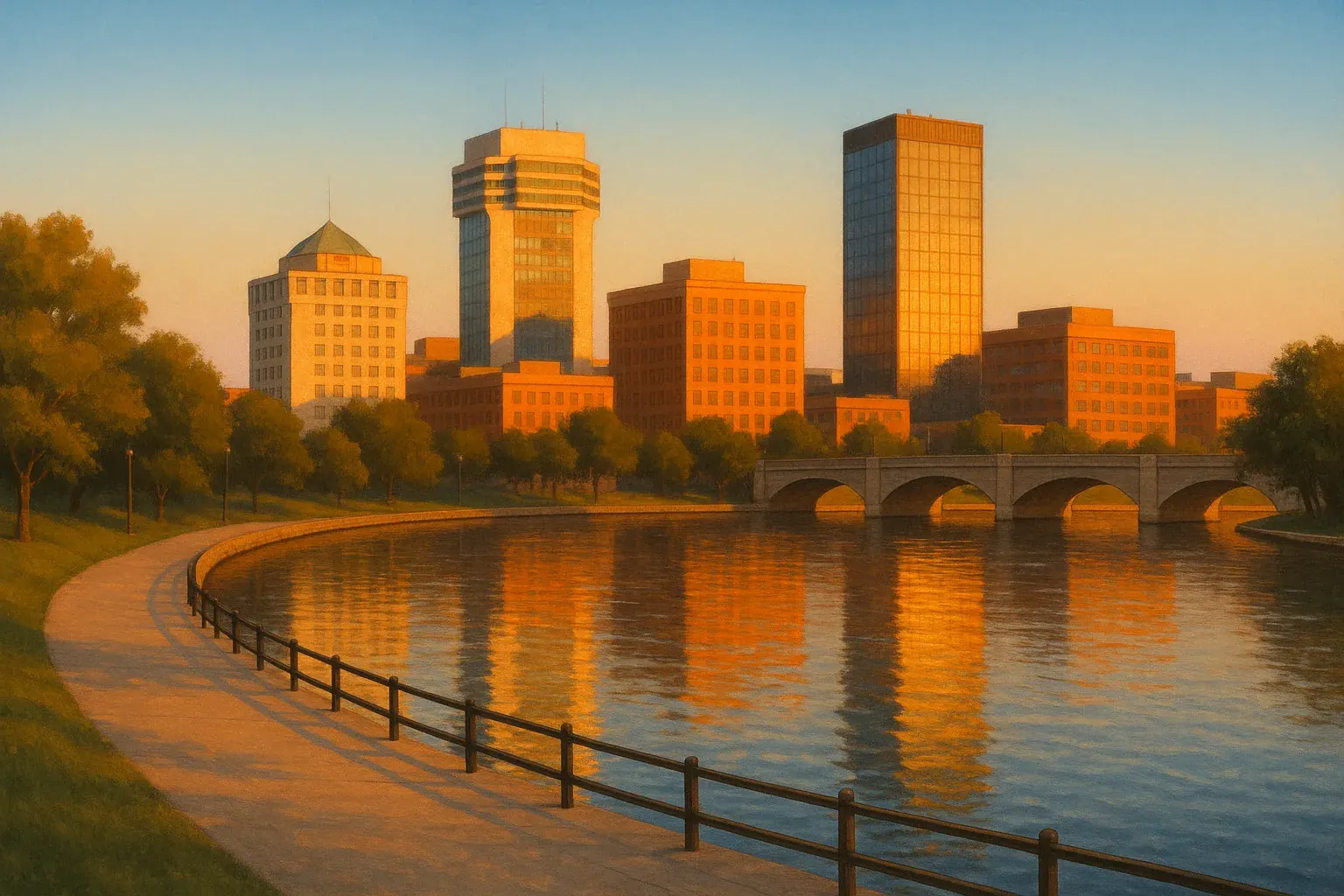 A warm wide illustration of the Wichita, Kansas skyline at golden hour, the downtown towers along the Arkansas River catching amber light, a quiet riverwalk in the foreground under a clear sky.