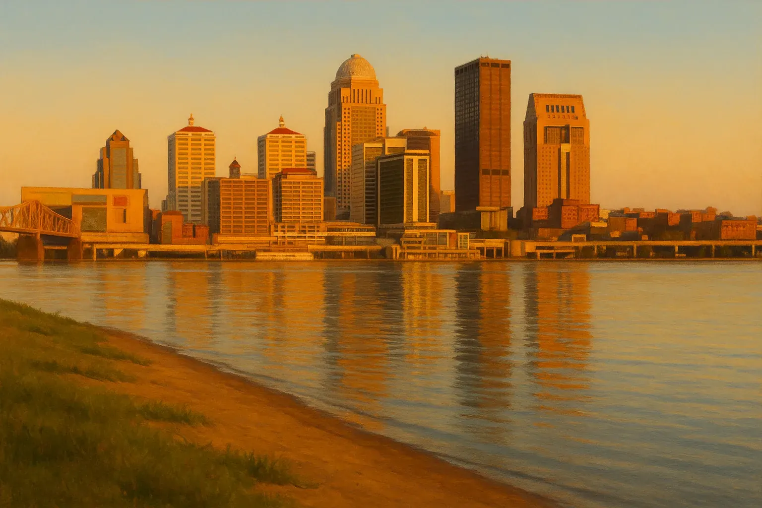 A warm wide illustration of the Louisville, Kentucky skyline at golden hour seen across the Ohio River, the downtown towers and waterfront catching amber light, a calm riverbank in the foreground under a clear sky.