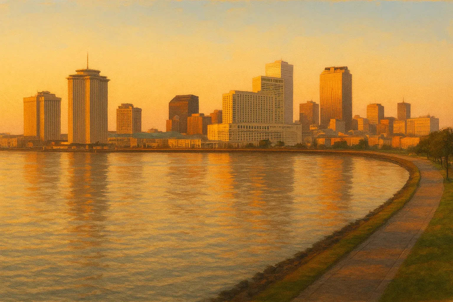 A warm wide illustration of the New Orleans skyline at golden hour seen across the Mississippi River, the downtown towers and the crescent bend of the river catching amber light, a calm riverfront in the foreground under a clear sky.