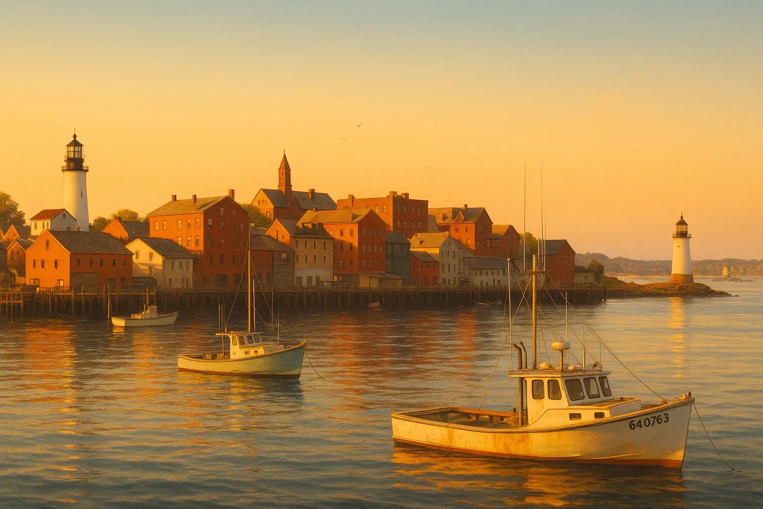 A warm wide illustration of the Portland, Maine waterfront at golden hour, the working harbour and lighthouses catching amber light, fishing boats on calm water in the foreground under a clear sky.