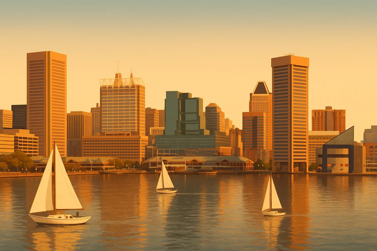A warm wide illustration of the Baltimore Inner Harbor skyline at golden hour, the downtown towers and waterfront catching amber light, sailing boats on calm water in the foreground under a clear sky.