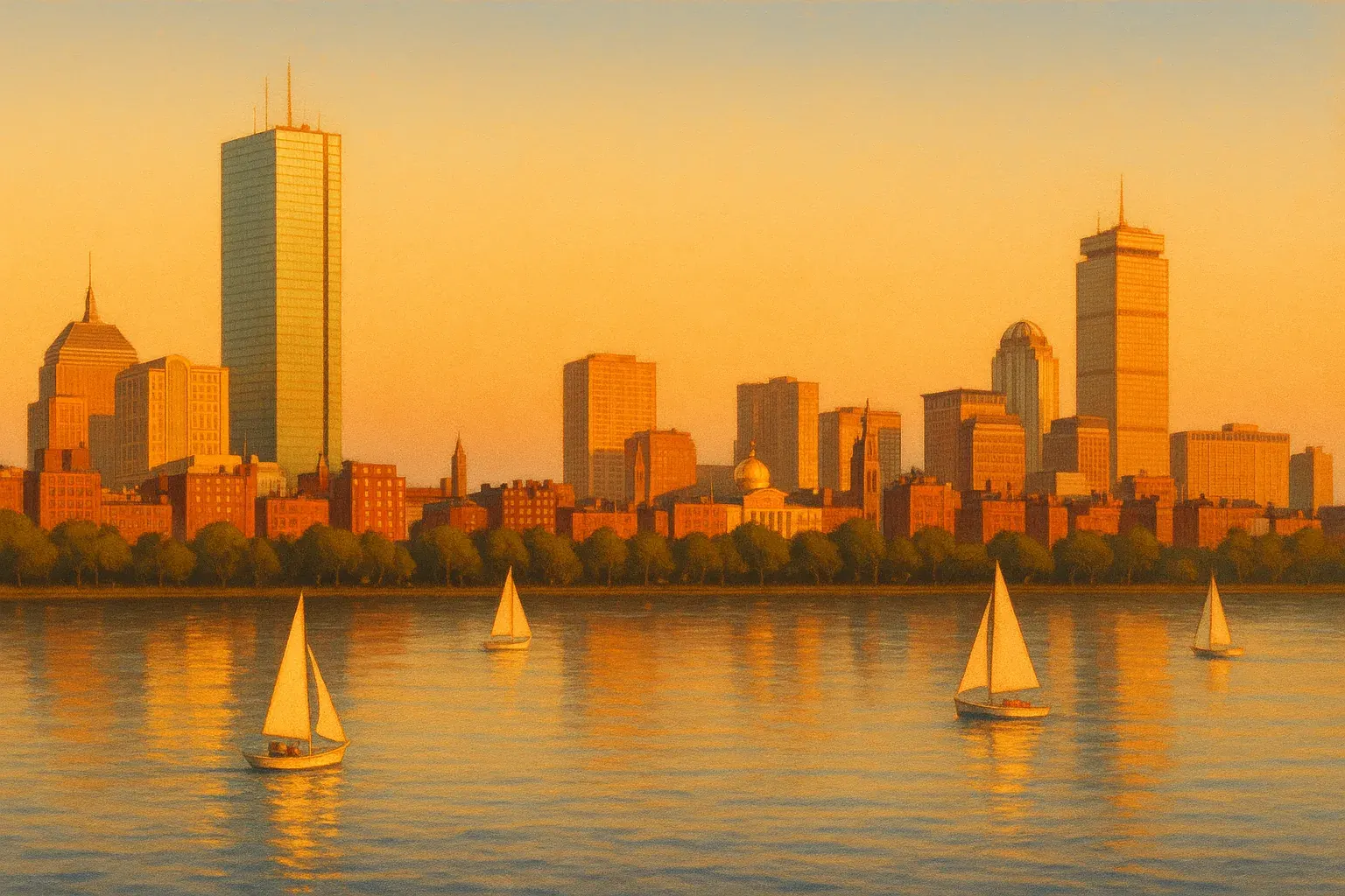 A warm wide illustration of the Boston skyline at golden hour seen across the Charles River, the downtown towers and Back Bay catching amber light, sailing boats on calm water in the foreground under a clear sky.