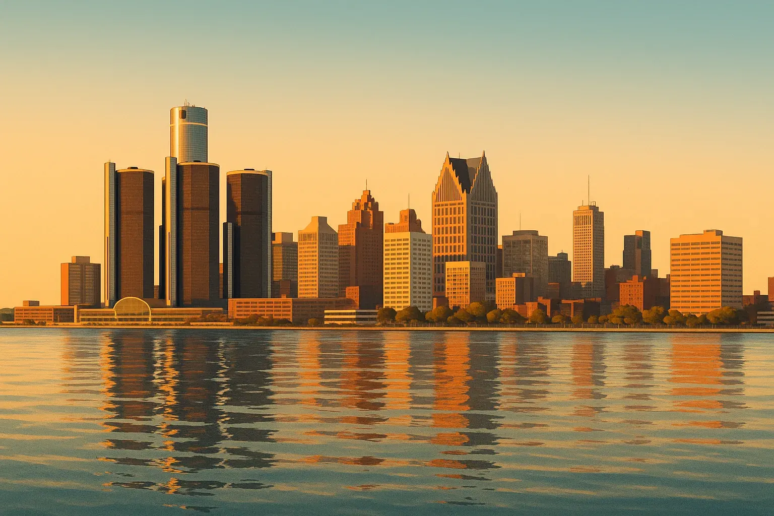 A warm wide illustration of the Detroit skyline at golden hour seen across the Detroit River, the downtown towers and riverfront catching amber light, a calm waterfront in the foreground under a clear sky.