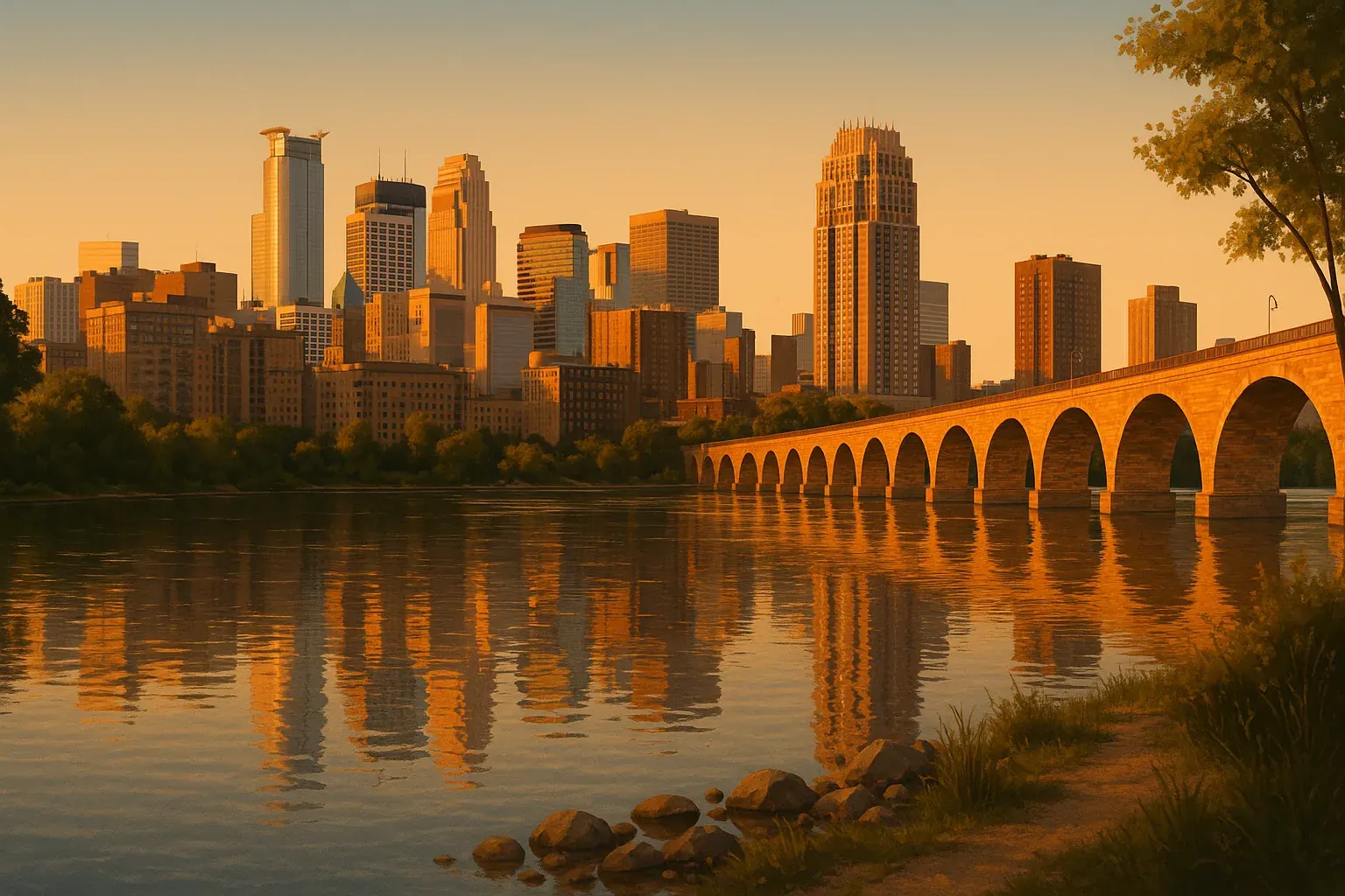 A warm wide illustration of the Minneapolis skyline at golden hour seen across the Mississippi River, the downtown towers and the Stone Arch Bridge catching amber light, a calm riverbank in the foreground under a clear sky.