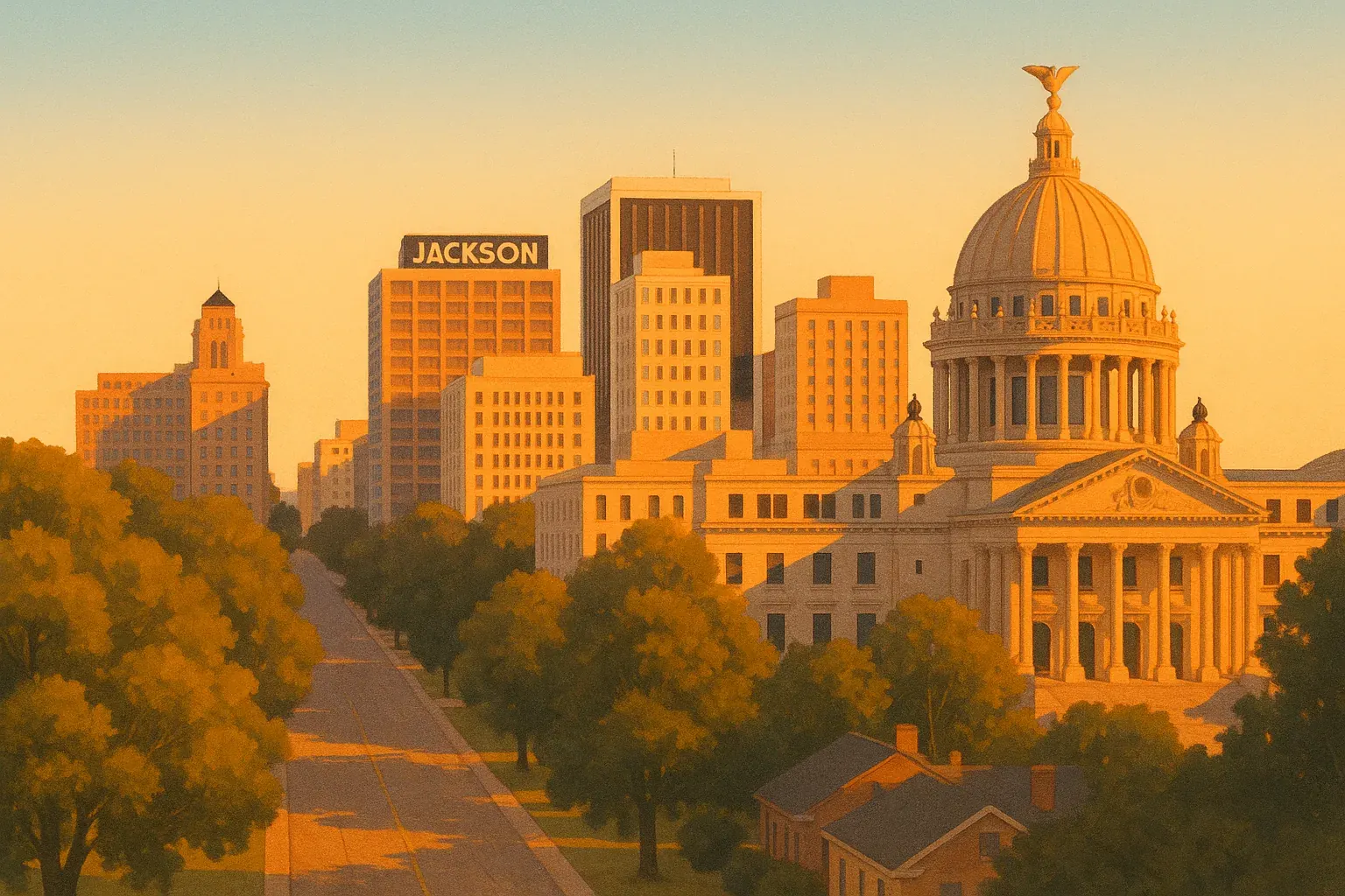 A warm wide illustration of the skyline of Jackson, Mississippi at golden hour, the downtown towers and the Mississippi State Capitol dome catching amber light, a quiet tree-lined avenue in the foreground under a clear sky.