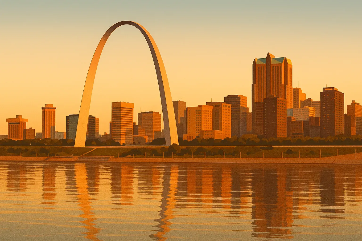 A warm wide illustration of the St. Louis skyline at golden hour seen across the Mississippi River, the Gateway Arch among downtown towers catching amber light, a calm riverfront in the foreground under a clear sky.
