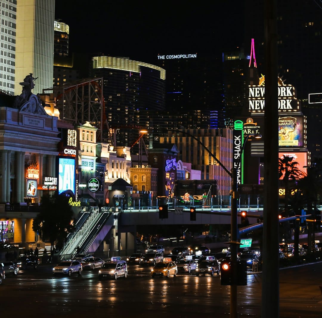 Las Vegas Strip at night, Nevada, neon lights and city traffic.