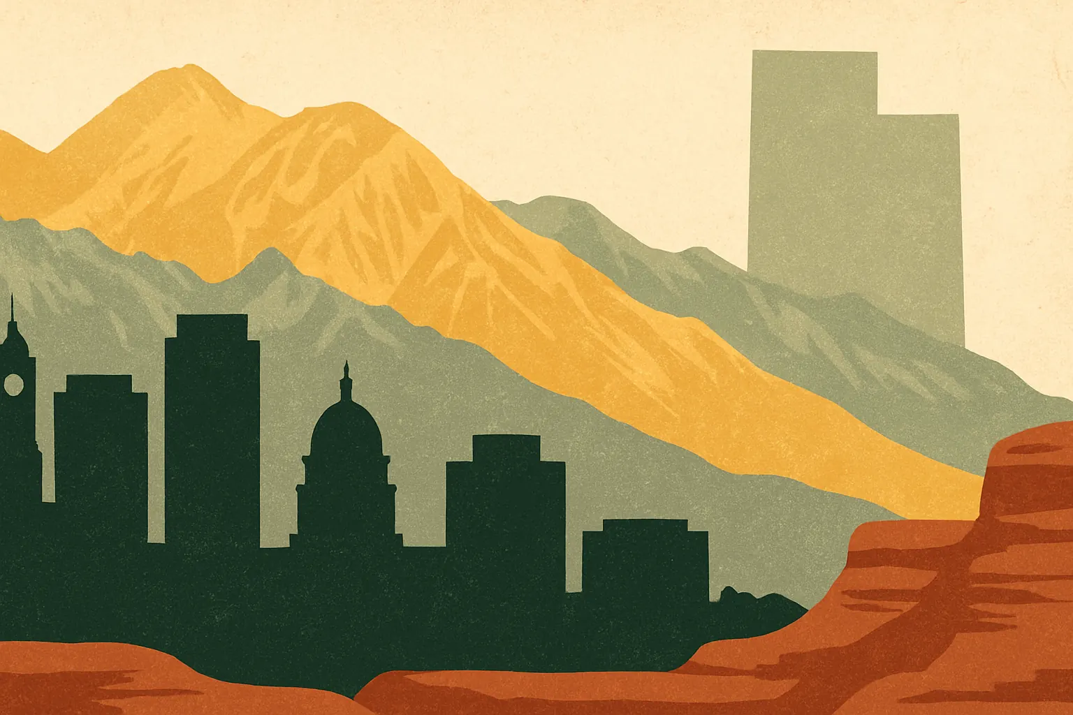 An editorial illustration of the Salt Lake City skyline with the Wasatch Mountains rising in the background, in warm amber and parchment tones with red-rock canyon detail in the foreground.