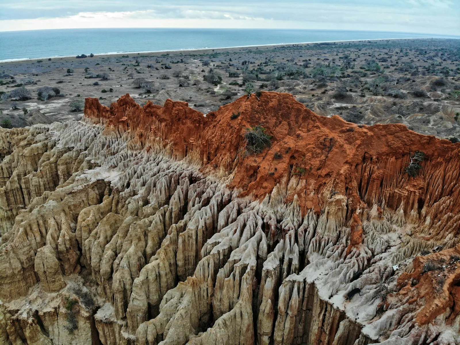 Eroded sandstone cliffs in red, cream and brown above a scrubby plain on the coast of Angola, with a strip of sea on the horizon.