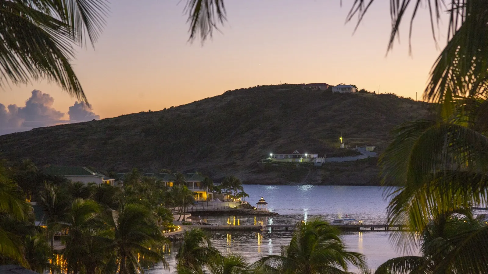 A dark hill above a harbour at dusk, with palm fronds in the foreground, the sky glowing orange and pink in Antigua.