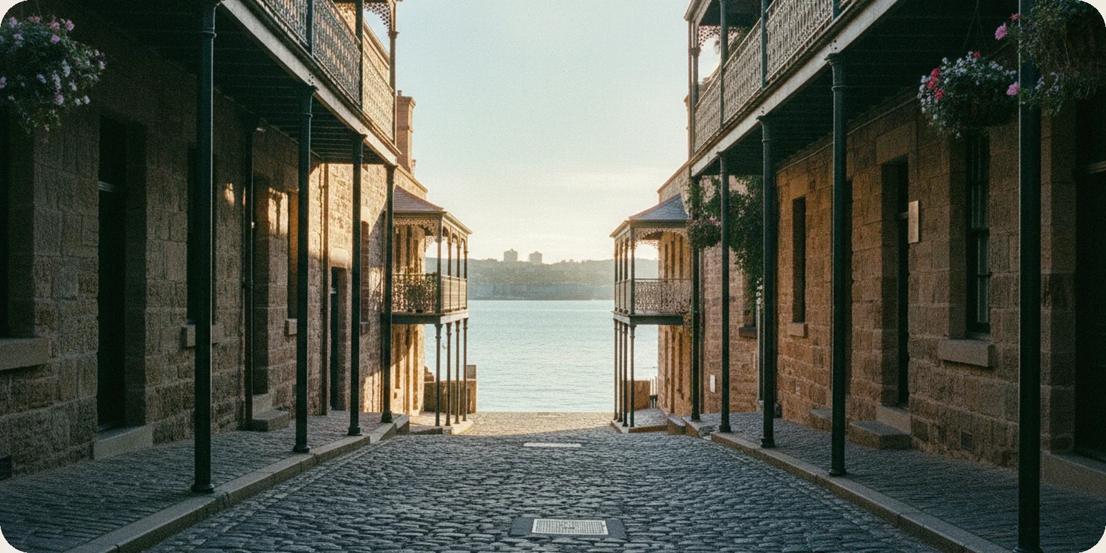 A quiet cobbled lane of old sandstone warehouses with iron balconies in The Rocks, Sydney, with the harbour in soft early morning light at the end of the street.
