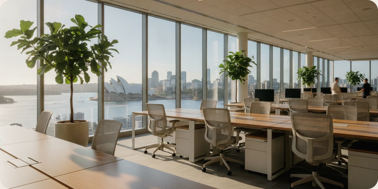 A bright modern office in Sydney with floor-to-ceiling windows looking over the harbour and city towers, light wood desks, plants and empty chairs in soft morning light.