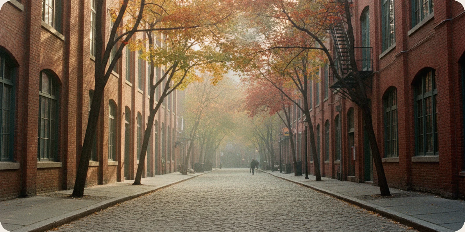 Red-brick Victorian industrial buildings along a quiet cobbled lane in Toronto's Distillery District, with autumn trees in soft morning light.