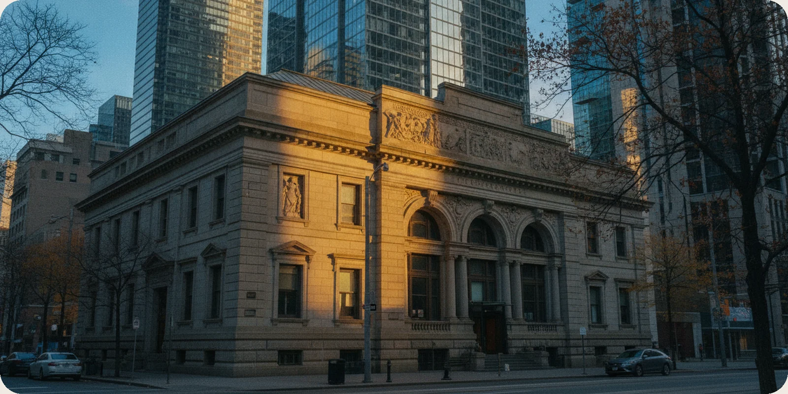 An old carved-stone bank building in Toronto's financial district, with tall glass office towers rising behind it in crisp autumn morning light.