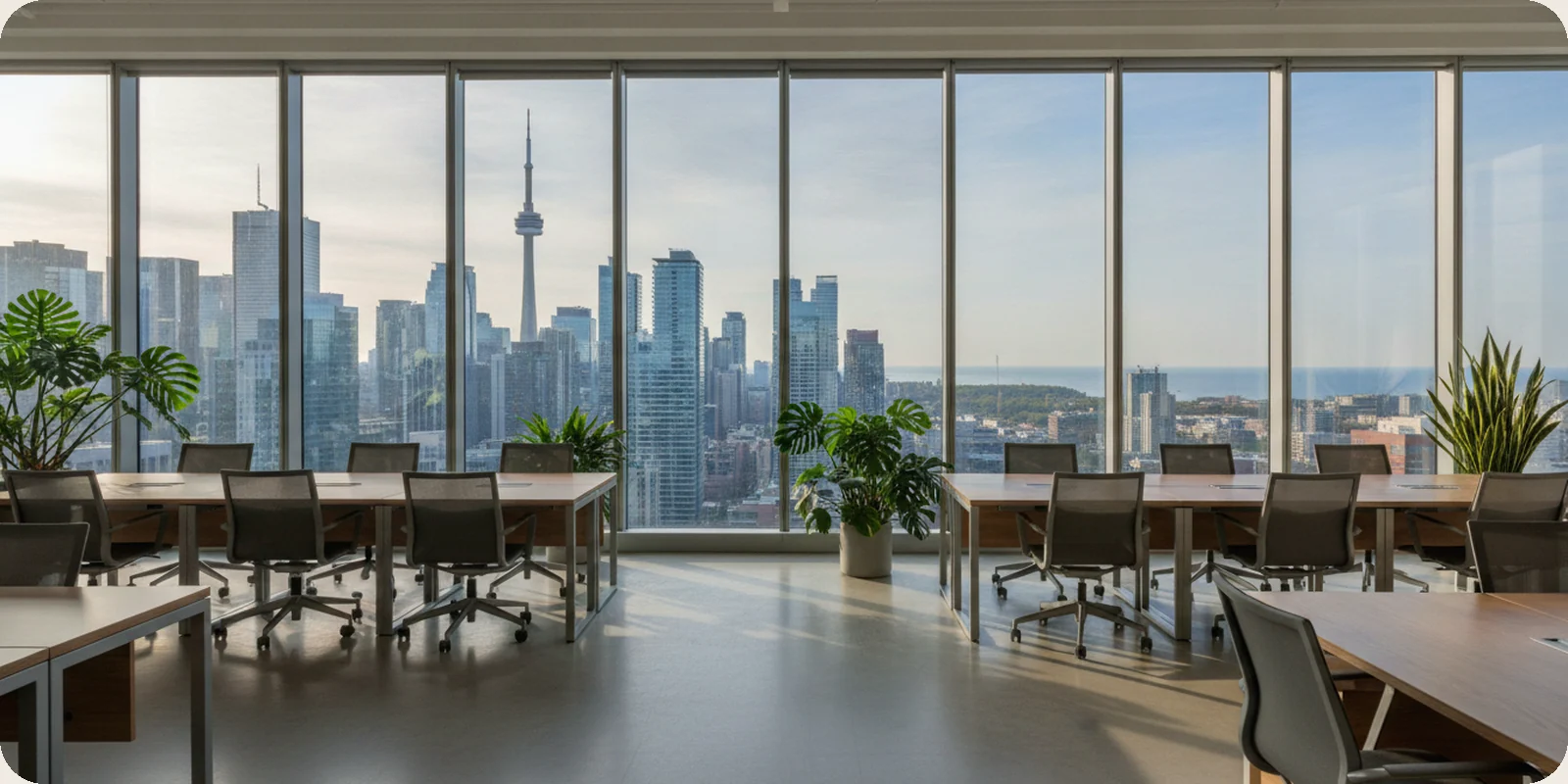 A bright modern office in Toronto with floor-to-ceiling windows looking over the city towers towards Lake Ontario, light wood desks, plants and empty chairs in soft morning light.