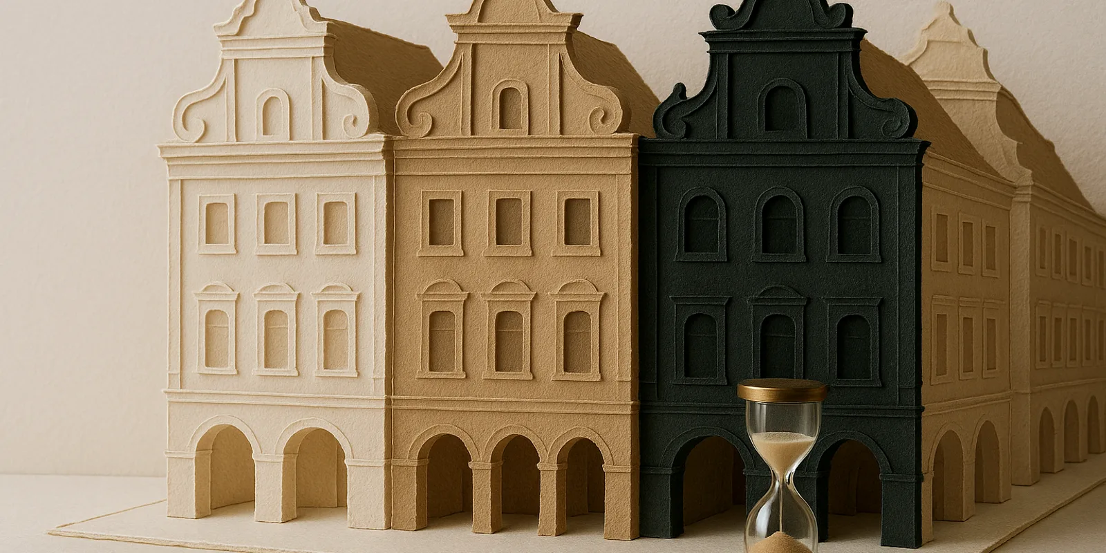 Layered cut-paper Prague townhouses with one dark green gable and an hourglass, for working time and leave in the Czech Republic.