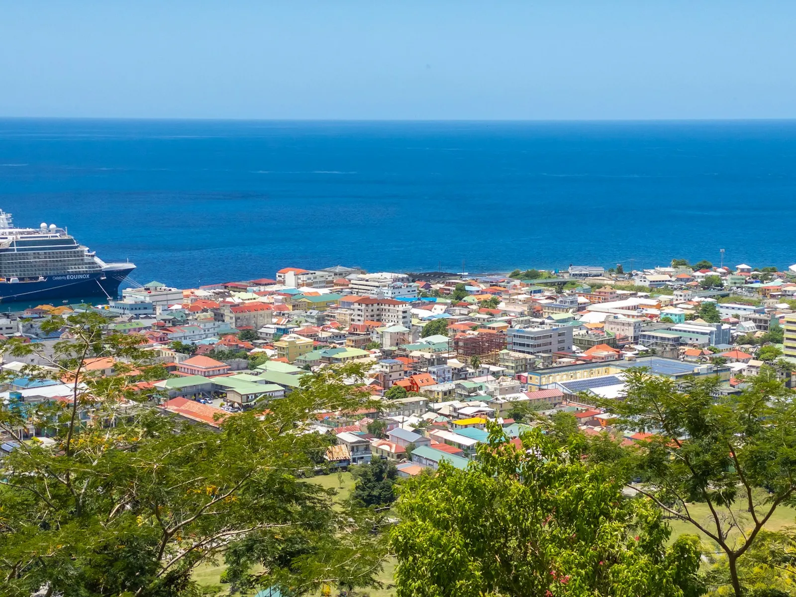 Colourful rooftops of Roseau, Dominica's capital, rising from the shore with a cruise ship and the blue Caribbean Sea beyond.