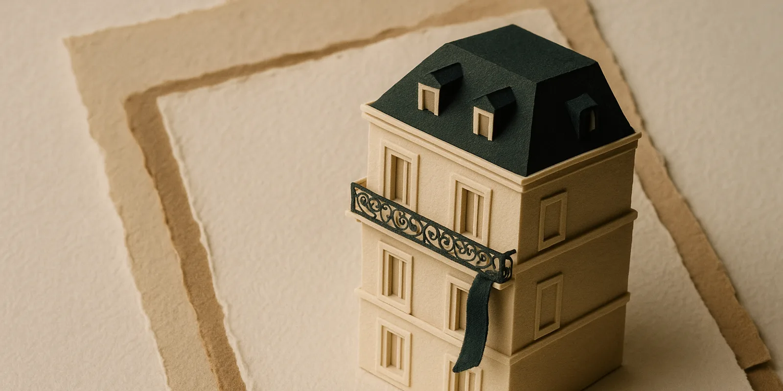 A layered cut-paper Paris building with a dark green mansard roof and a ribbon on its balcony, for a first hire in France.