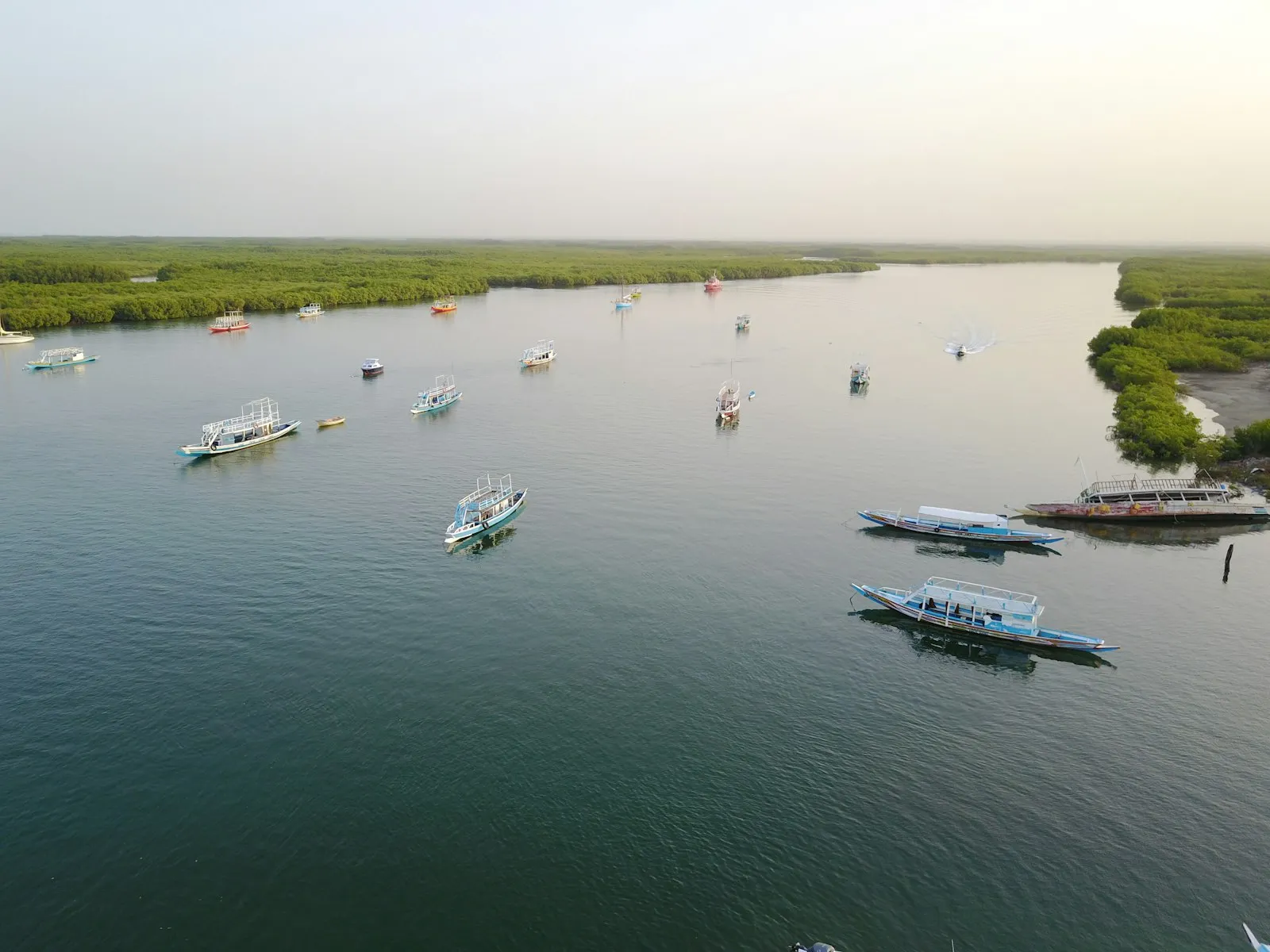 Small fishing boats anchored on a wide, calm river with green mangroves along the far bank under a hazy sky.
