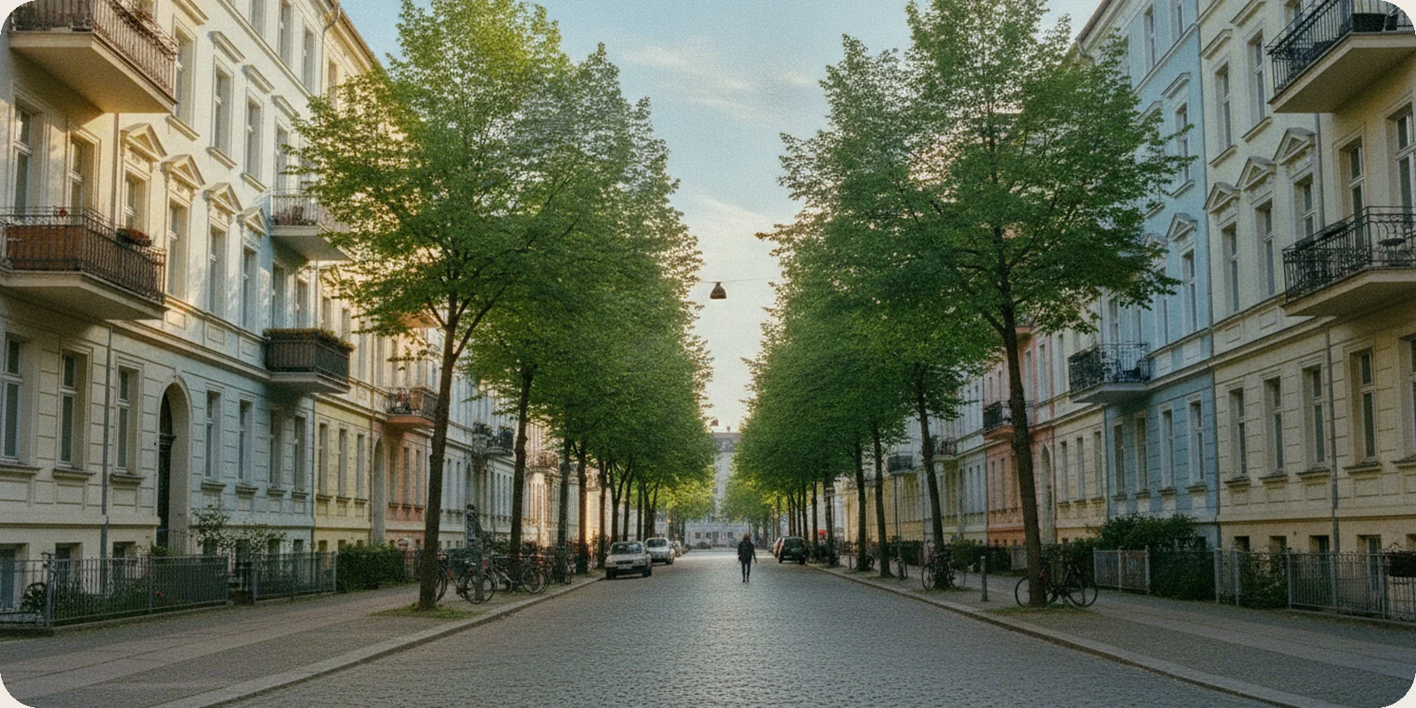 A quiet tree-lined street of pastel apartment buildings with tall windows and iron balconies in Berlin, on a clear morning.