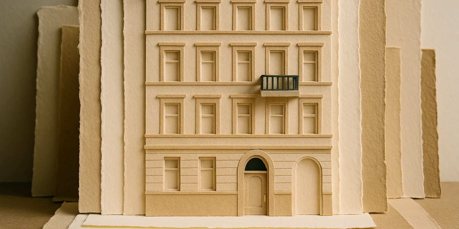 A layered cut-paper Berlin facade with one dark green balcony and a brass door handle, for a first hire in Germany.
