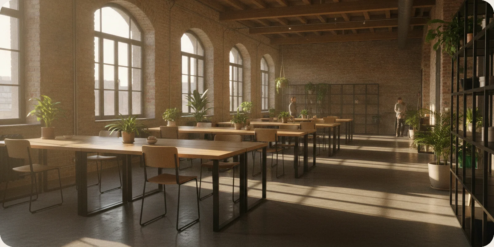 A bright open-plan office in a converted brick building in Munich, with long wooden desks, plants and tall arched windows in late afternoon sun.