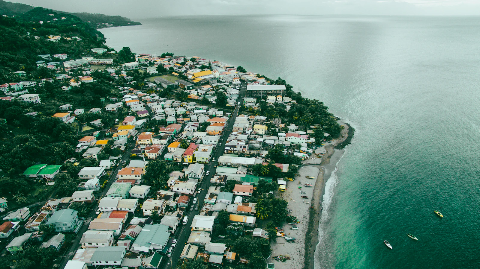A village of colourful roofs and palm trees along a curved shoreline at Gouyave, Grenada, seen from above.
