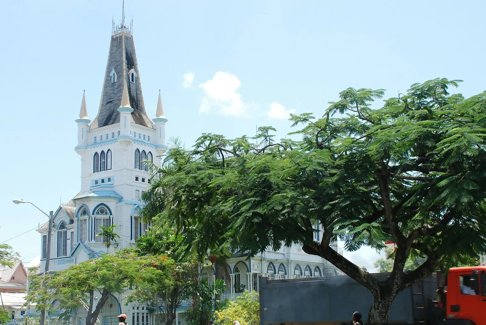 A tall white wooden cathedral with a dark spire beside a large flowering tree in Georgetown, Guyana.