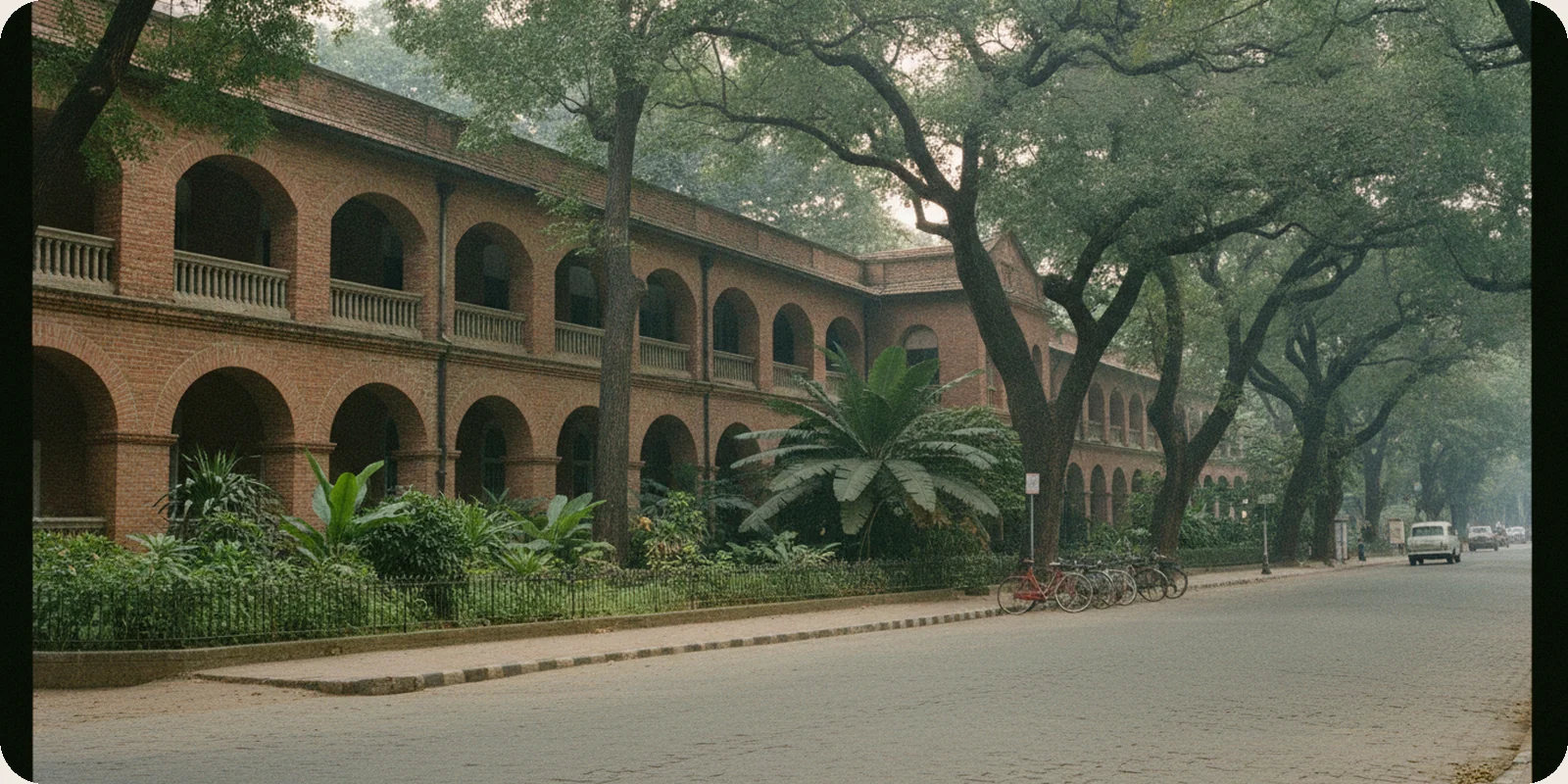 A red-brick colonial-era building with arched verandas behind a garden of tall trees on a quiet street in central Bengaluru, in soft overcast morning light.