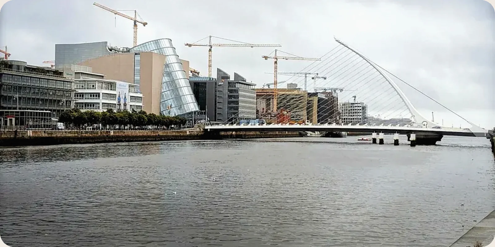 The Dublin docklands and the Samuel Beckett Bridge seen from across the River Liffey.