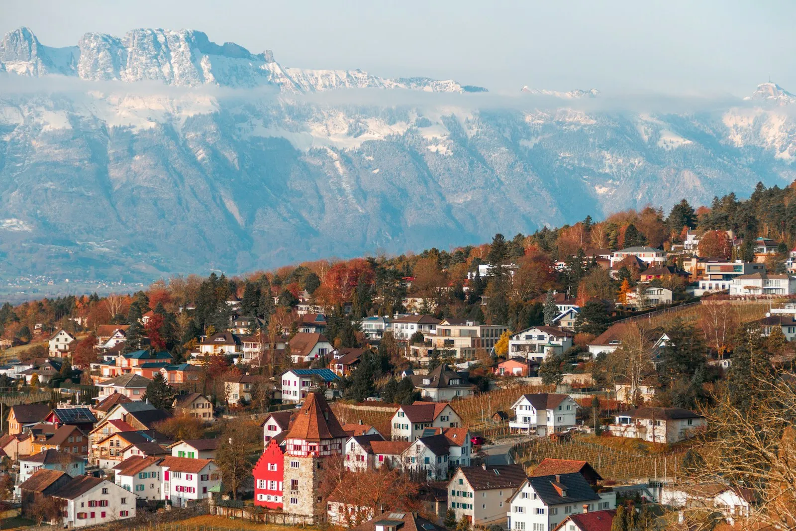 Red and white roofs of the town of Vaduz in autumn, below a snow-dusted Alpine range under a pale sky.