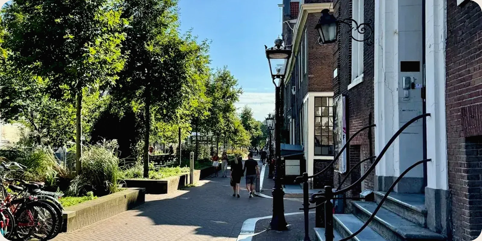 A Dutch canal street with gabled houses in afternoon light.