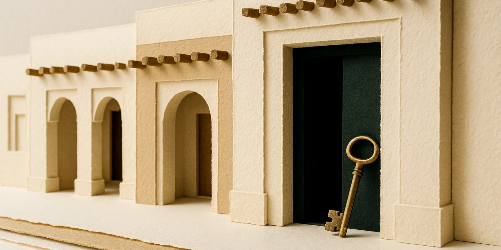 Layered cut-paper souq facades with one open dark green door and a brass key leaning by it, for transferring visa sponsorship in Qatar.